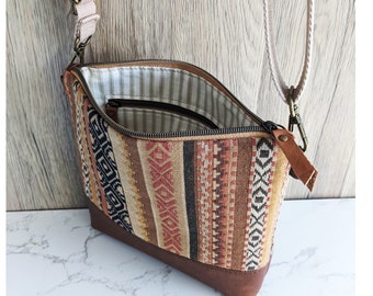 Boho Stripe Crossbody Shoulder Bag in Neutrals with Black  Adjustable Strap Brown Faux Leather Accent  Zipper Closure - Ready to ship