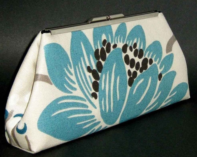 TEAL LOTUS FLOWER MODERN CLUTCH Glazed Linen SILK LINING Etsy