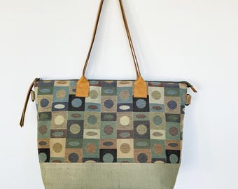Large Zip Top Carry-All Travel or Diaper Bag with Leather Handles and Trim