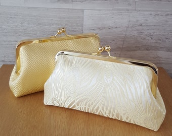 Satin Clutches in shades of Gold - Greek Key and Peacock Feather Motif - Gift for Her Bride Bridesmaid - Ready to Ship from USA