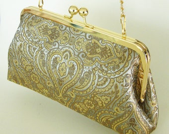 Gold Taupe Blue Damask Purse Handbag - Silky Clutch with Gold Purse Frame and Chain - Made in the USA and Ready to Ship by UPSTYLE