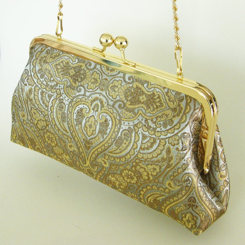 Gold Taupe Blue Damask Purse Handbag Silky Clutch with Gold Purse Frame and Chain Made in the USA and Ready to Ship by UPSTYLE image 1