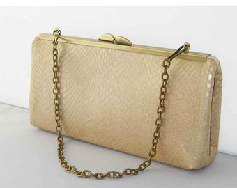 Leather Clutch with chain - Camel Tan Snakeskin Embossed Design - Antique Brass Purse Frame - Made in the USA and Ready to Ship by UPSTYLE