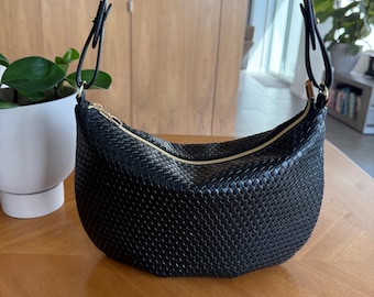 Black Woven Faux Leather Crescent Bag - Slouchy Hobo Shoulder Bag
