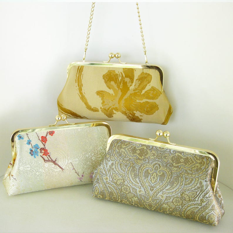 Gold Taupe Blue Damask Purse Handbag Silky Clutch with Gold Purse Frame and Chain Made in the USA and Ready to Ship by UPSTYLE image 3