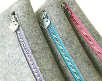 FREE Shipping - Gray Felt Zipper Pouch with Heart Zipper Pull and Leather Wristlet - Lavender Pink Turquoise - Ecofriendly - Made in USA