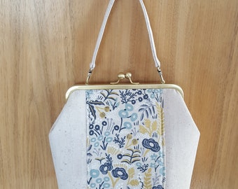 Cork Fabric Hampton Handbag White with Floral Print - Convertible Strap - Satchel Purse  - Vegan Friendly -  Handcrafted  by UPSTYLE