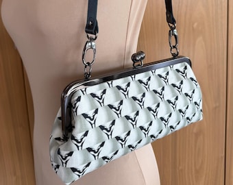 Large Black and White Quilted Look Classic Linen Clutch with Leather Strap