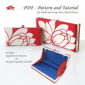 May include: Red box clutch purses with a white floral design. The purses have silver-tone hardware and a blue interior. The image includes the text "PDF - Pattern and Tutorial for Small and Large Box Clutch Purses."
