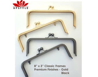 8 x 3 Metal Purse Frame - Bright Gold or Black Premium Finish with or without chain loops - Ships from USA