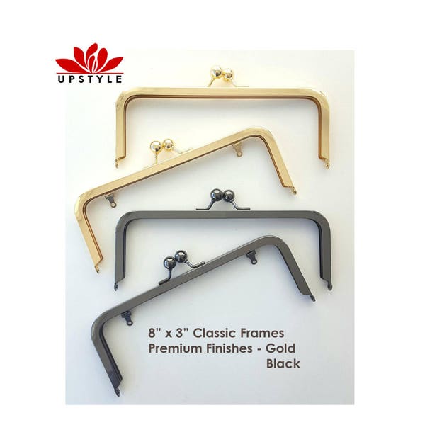 8 x 3 Metal Purse Frame - Bright Gold or Black Premium Finish with or without chain loops - Ships from USA