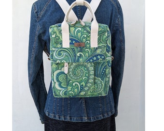 Green Paisley Backpack with Cork Leather Trim and adjustable straps - Fun Cute Pattern Spring Summer - Handcrafted by UPSTYLE