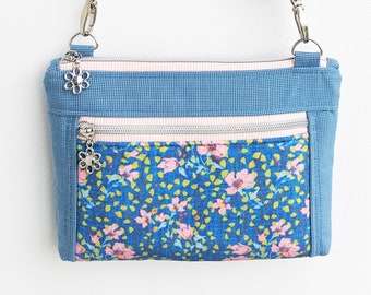 Blue Floral Crossbody Bag with Adjustable Cork Fabric Shoulder Strap - Front Zipper Phone Pocket - Made in USA and Ready to Ship