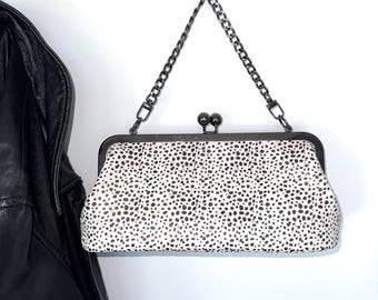 Black White Animal Dot Cork Fabric Satchel Bag Purse with Frame