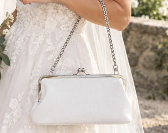 Large White Leather Bridal Clutch — “Something Blue” Lined, Heirloom‑Ready