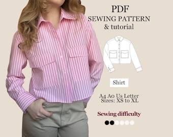 Camisa corta de mujer | patrón de mujer| Camisa con costura de hombro desplazada y bolsillos de parche | Patrón PDF| 5 tamaños| de vacaciones