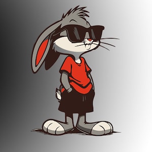 May include: A cartoon rabbit wearing sunglasses and a red shirt with black shorts. The rabbit has a gray fur and a red nose.