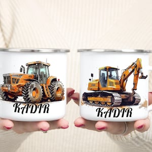 Excavator children&#39;s cup, enamel cup children, cup children personalized, children&#39;s cup with name, enamel cup,