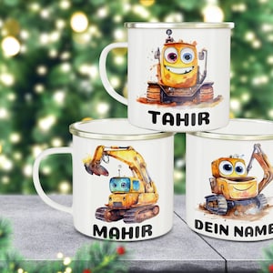 Excavator children&#39;s cup, enamel cup children, cup children personalized, children&#39;s cup with name, enamel cup,