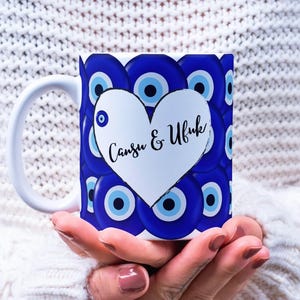 Taza Partner, taza personalizada para parejas, perla azul, motivo ojos azules, personalización impresión continua por ambas caras
