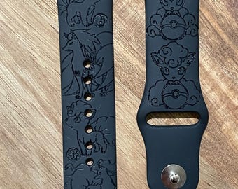 Anime fire and ice type character themed engraved design on a silicone watch band compatible with Apple Watch and Samsung Galaxy Watch.