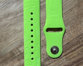 Billie’s themed engraved design on a silicone watch band compatible with Apple Watch and Samsung Galaxy Watch.
