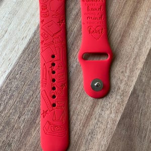 Teacher appreciation themed engraved design on a silicone watch band compatible with Apple Watch and Samsung Galaxy Watch.