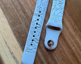 Sabrina’s themed engraved design on a silicone watch band compatible with Apple Watch and Samsung Galaxy Watch.
