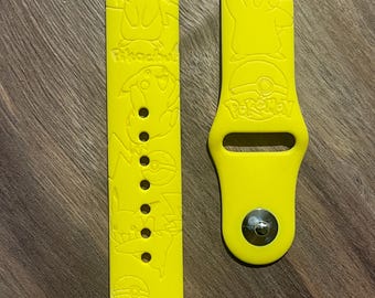 Anime electric character themed engraved design on a silicone watch band compatible with Apple Watch and Samsung Galaxy Watch.