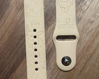 Anime cute fox character themed engraved design on a silicone watch band compatible with Apple Watch and Samsung Galaxy Watch.
