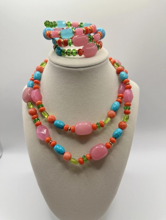 Kenneth Jay Lane Vintage Glass Bead Necklace Brac… - image 1