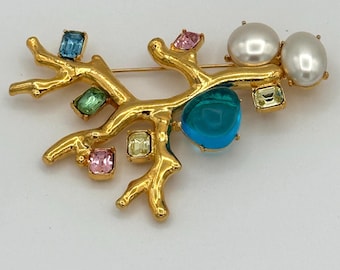 Kenneth Jay Lane Gold Coral Brooch – Aqua Cabochon, Pearls & Pastel Crystals