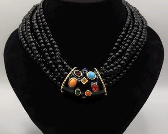 Vintage KJL Kenneth Jay Lane Black Bead Necklace, Multicolor Cabochon Pendant, New in Box