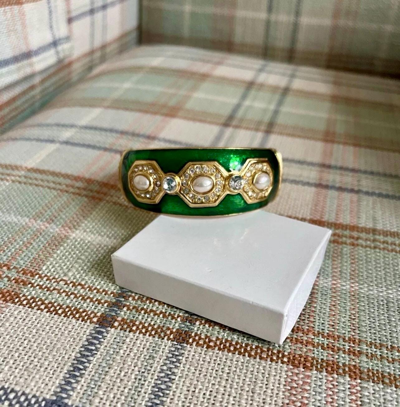 Christian Dior Germany Vintage Gold Plated Green Enamel Bangle