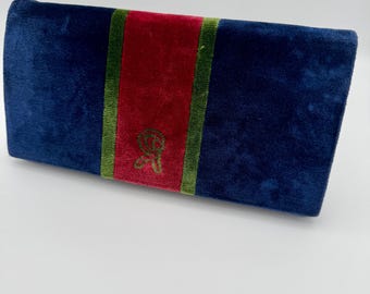 Vintage Roberta di Camerino Velvet Clutch Bag Navy Red Green Italy Leather Lined Mirror