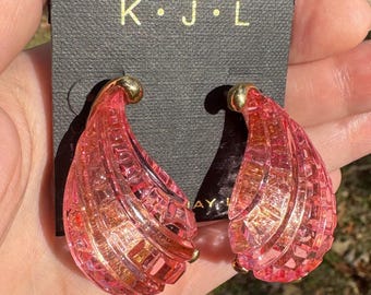 Vintage Kenneth Jay Lane Pink Lucite Clip Earrings Gold Tone 1980s Couture Style New