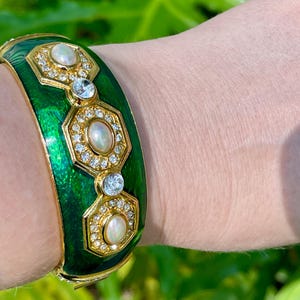 Christian Dior Germany Vintage Gold Plated Green Enamel Bangle Bracelet