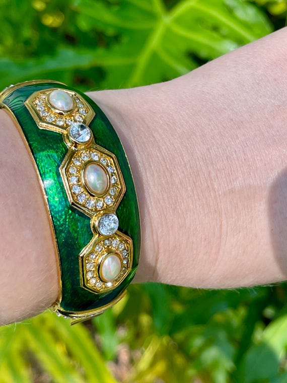 Christian Dior Germany Vintage Gold Plated Green Enamel Bangle