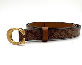 Ремень Coach Signature Canvas с пряжкой C, коричневый, бежевый, кожа, размер L 89402