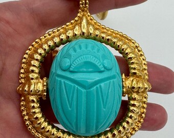 Vintage Kenneth Jay Lane Gold Tone Scarab Pendant Necklace – Egyptian Revival Book Piece
