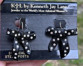 Vintage KJL Kenneth Jay Lane Black Enamel Bow Earrings New on Card 1997