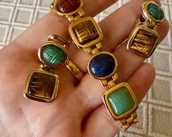 Vintage Kenneth Jay Lane Scarab Gold Plated Gemstone Bracelet Size 7.5 Inches and Clip Earrings KJL