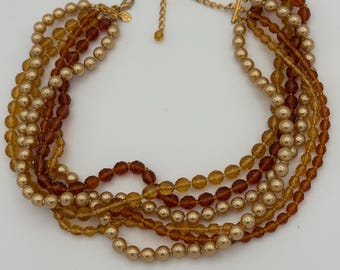 Kenneth Jay Lane KJL Amber Gold Multi-Strand Necklace – Vintage KJL Glass & Pearl Beads