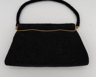 Vintage Art Deco Beaded Sequin Evening Bag Clutch Purse Black 50s  1950s Japan