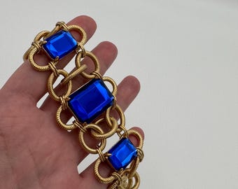 New Nolan Miller Gold Tone Rope Link Chain Bracelet & 3 Large Sapphire Crystals