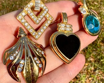 Vintage KJL Gold Tone Charm Pendants Set Rhinestone Heart Teal Drop
