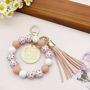 Llavero de pulsera para mamá, llavero de pulsera de silicona, llavero de pulsera, llavero de leopardo, llavero de pulsera para mamá, llavero de pulsera con borlas