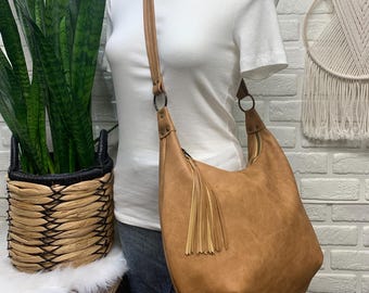 Caramel leather hobo bag, Soft leather brown large hobo bag, leather purse, pebble grain leather handbag, zippered hobo, handmade in maine