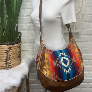 Wool and leather hobo bag, boho wool bag, Pilot rock wool fabric , saddle brown genuine leather, hobo bag, wool crossbody bag, Maine made