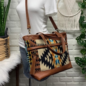 Wool leather tote, Rancho Arroyo brown wool, spice brown cowhide leather, tote bag, wool shoulder bag, leather crossbody tote bag